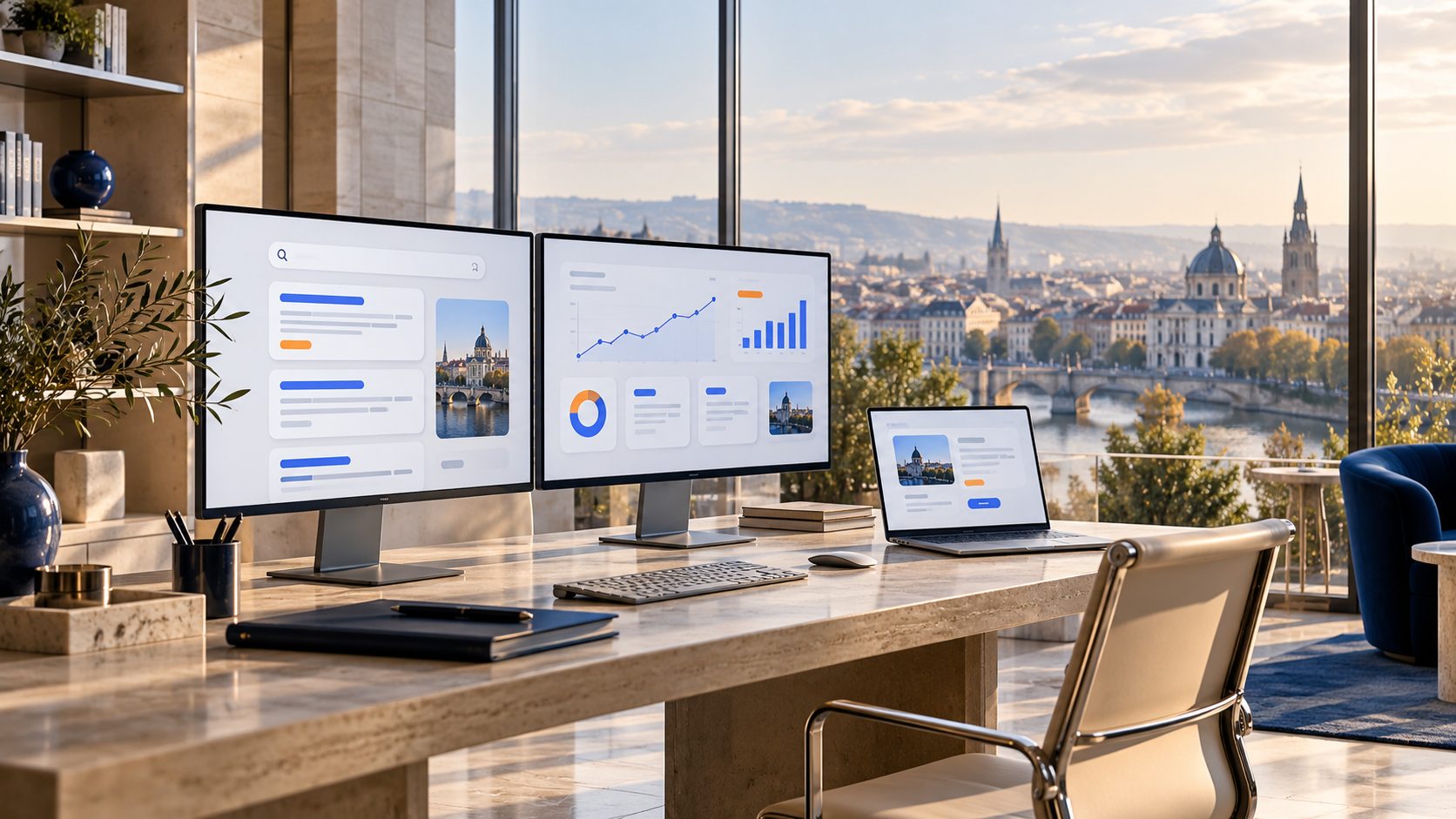 Modern workspace with search advertising dashboards on screens