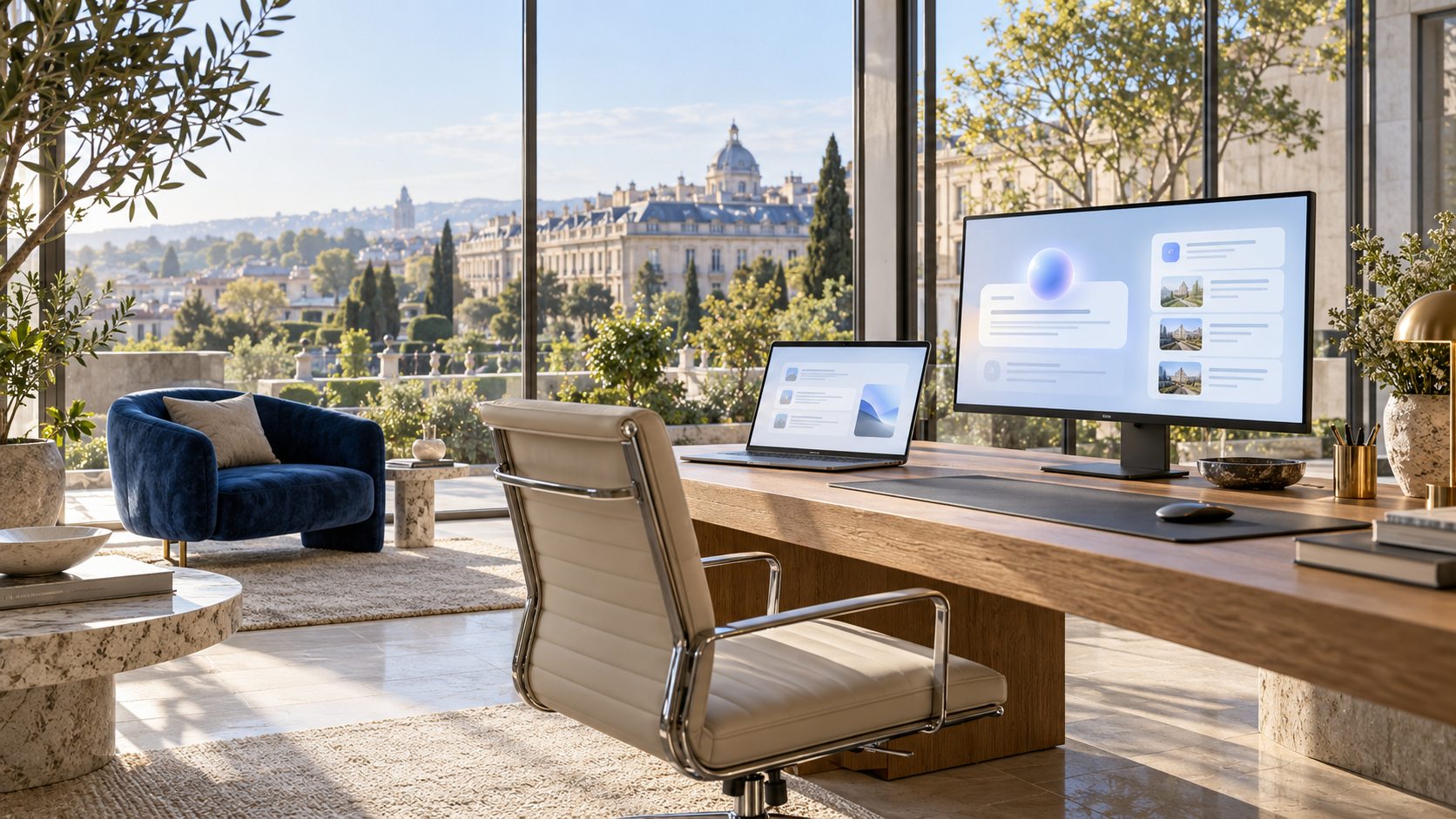 Workspace with AI answer interface on screen